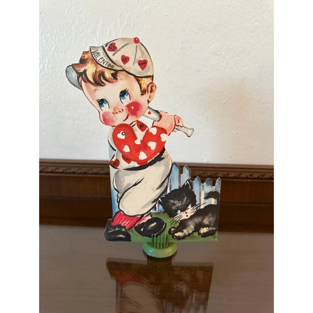 Vintage Valentine's Day Card 8'' Mechanical Baseball Player Ephemera Made in USA